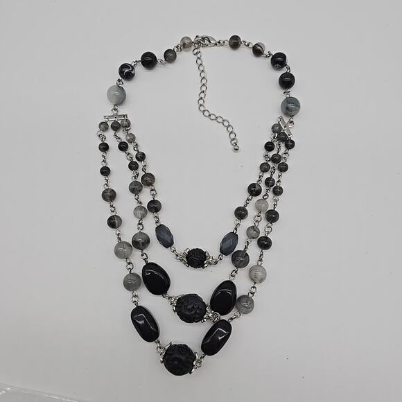 Whimsigoth Multi-Layer Chain Necklace Black Grey Acrylic Beads Faux Carved Onyx - Picture 12 of 12
